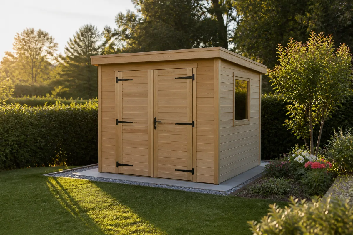 Petit abri de jardin en bois posé sur une dalle béton en fond de jardin, lumière de fin d&rsquo;après-midi