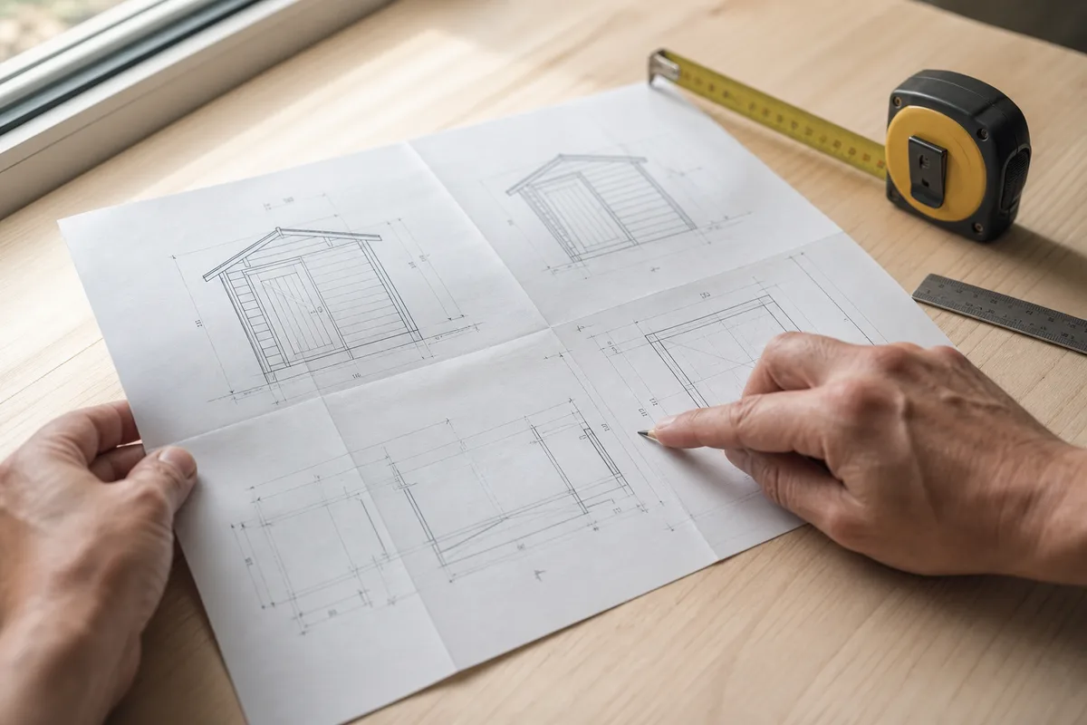Plan coté d&rsquo;un petit abri de jardin posé sur une table de travail, mètre ruban et crayon à proximité