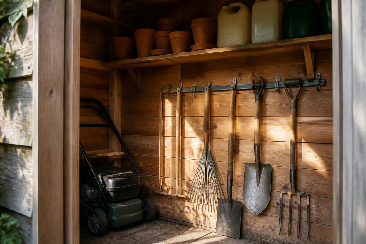 Intérieur d&rsquo;un petit abri de jardin, outils suspendus à un rail mural et étagère haute chargée de pots