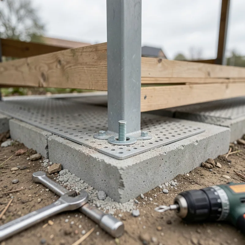 Fixation d’un abri de jardin en résine sur une dalle béton, platine et cheville visibles