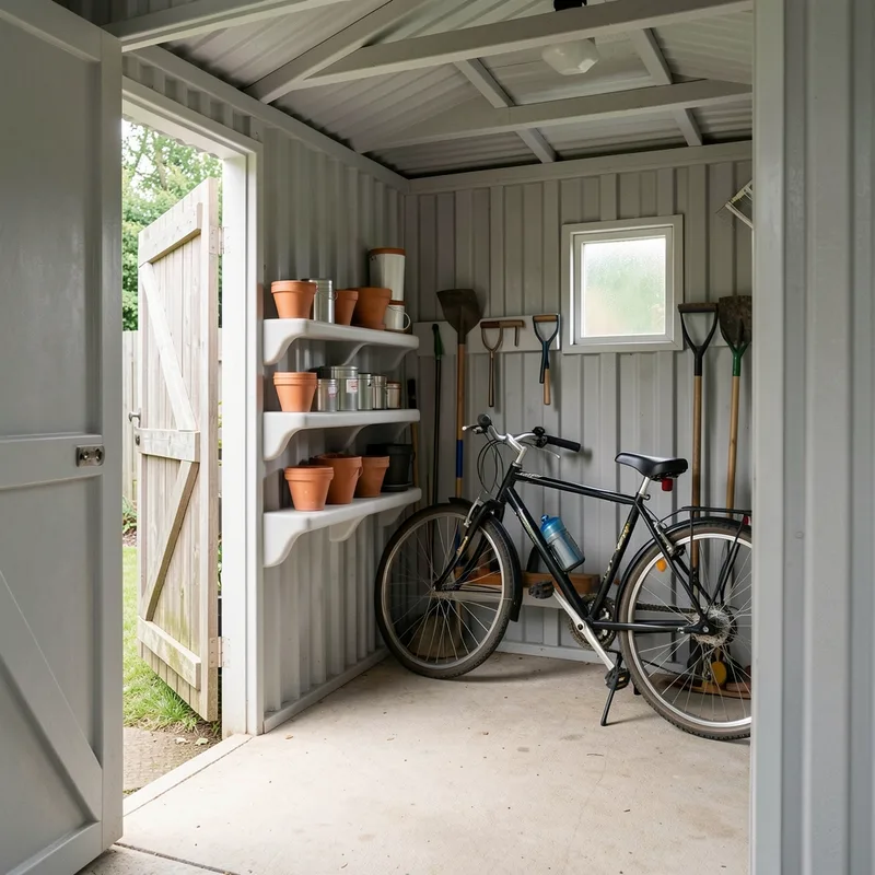 Intérieur d’un abri de jardin en résine avec étagères clipsées et vélo rangé