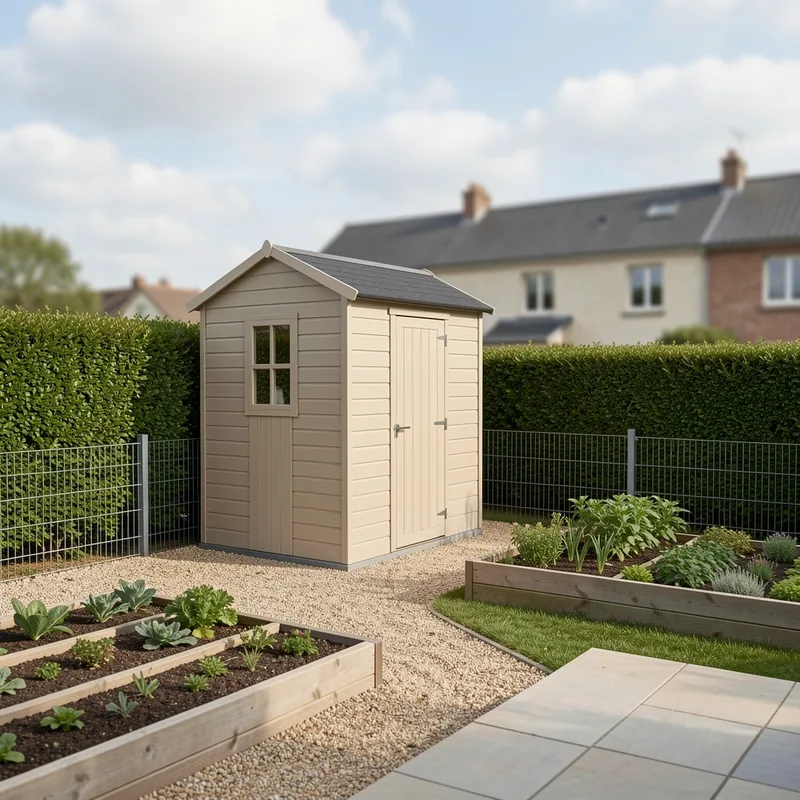 Abri de jardin en résine posé en limite de jardin résidentiel, vue d’ensemble