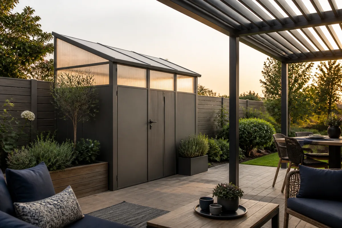 Abri de jardin à toiture polycarbonate translucide installé le long d&rsquo;une clôture