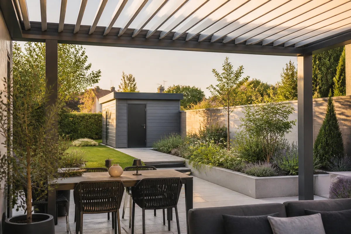Abri de jardin en panneau sandwich à toit plat installé au fond d’un jardin