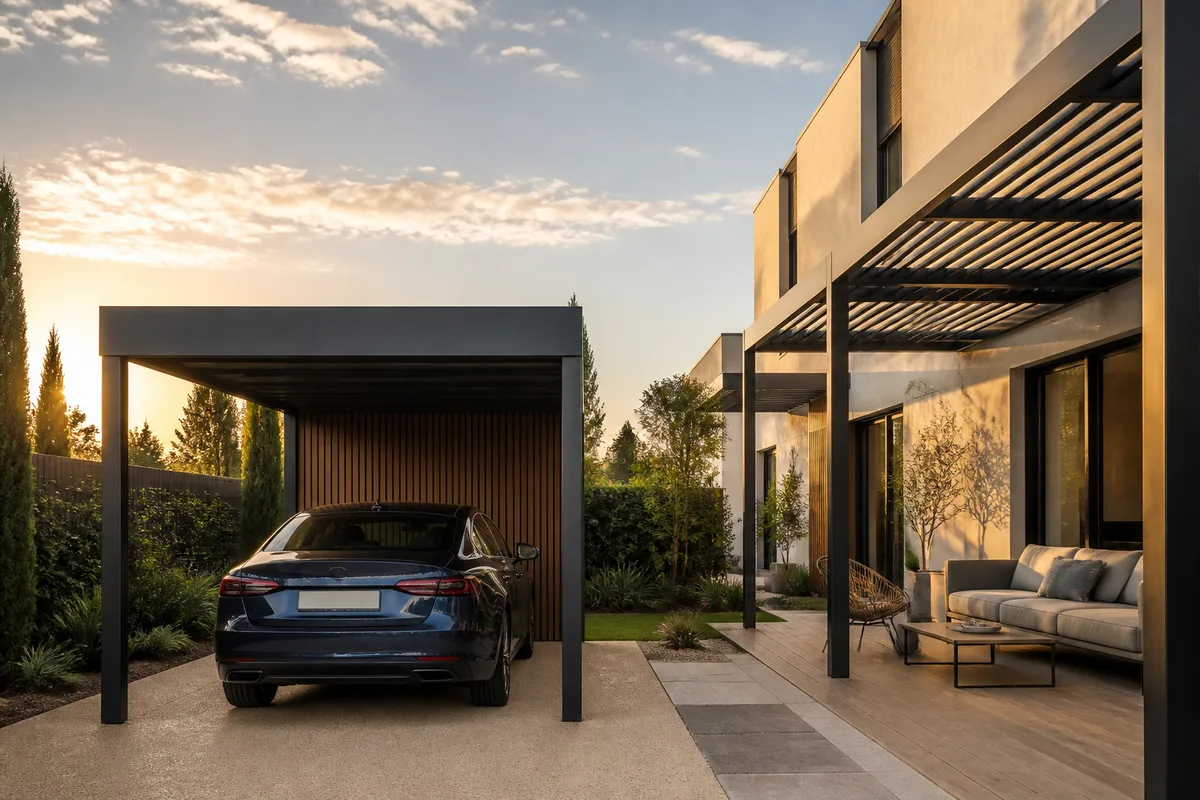 Carport à toit plat en aluminium abritant une voiture devant une maison