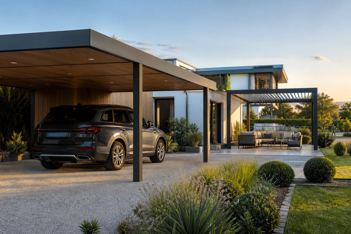 Structure de carport à toit plat vue de trois quarts, avec sa couverture et ses poteaux