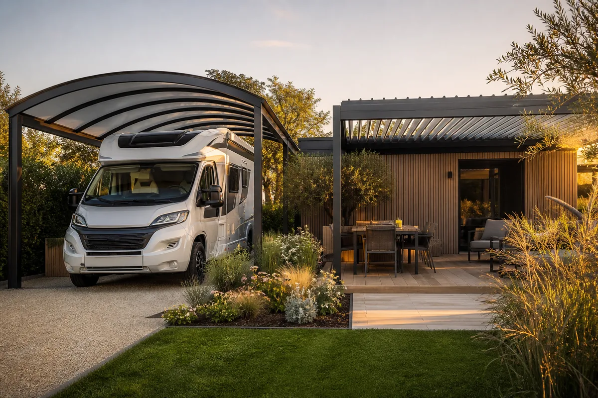 Camping-car garé sous un carport à toit cintré dans un jardin