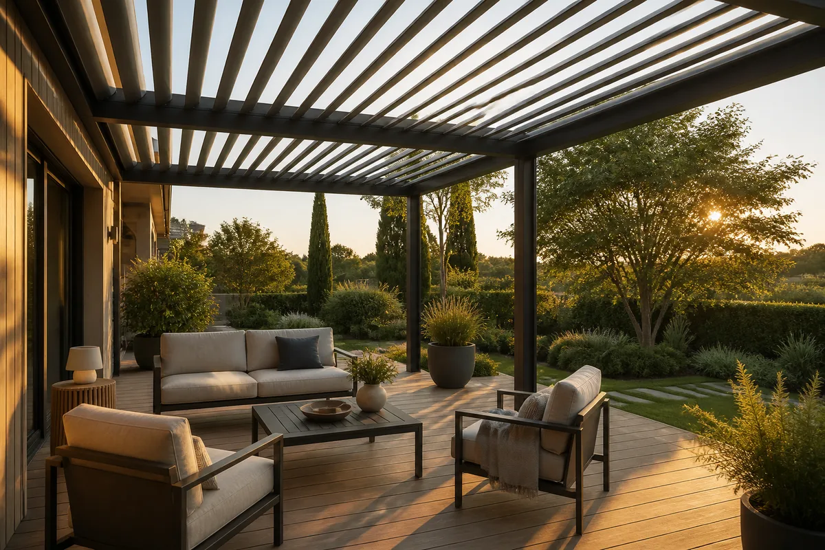 Pergola à lames orientables en aluminium au-dessus d'une terrasse, lames entrouvertes en fin de journée