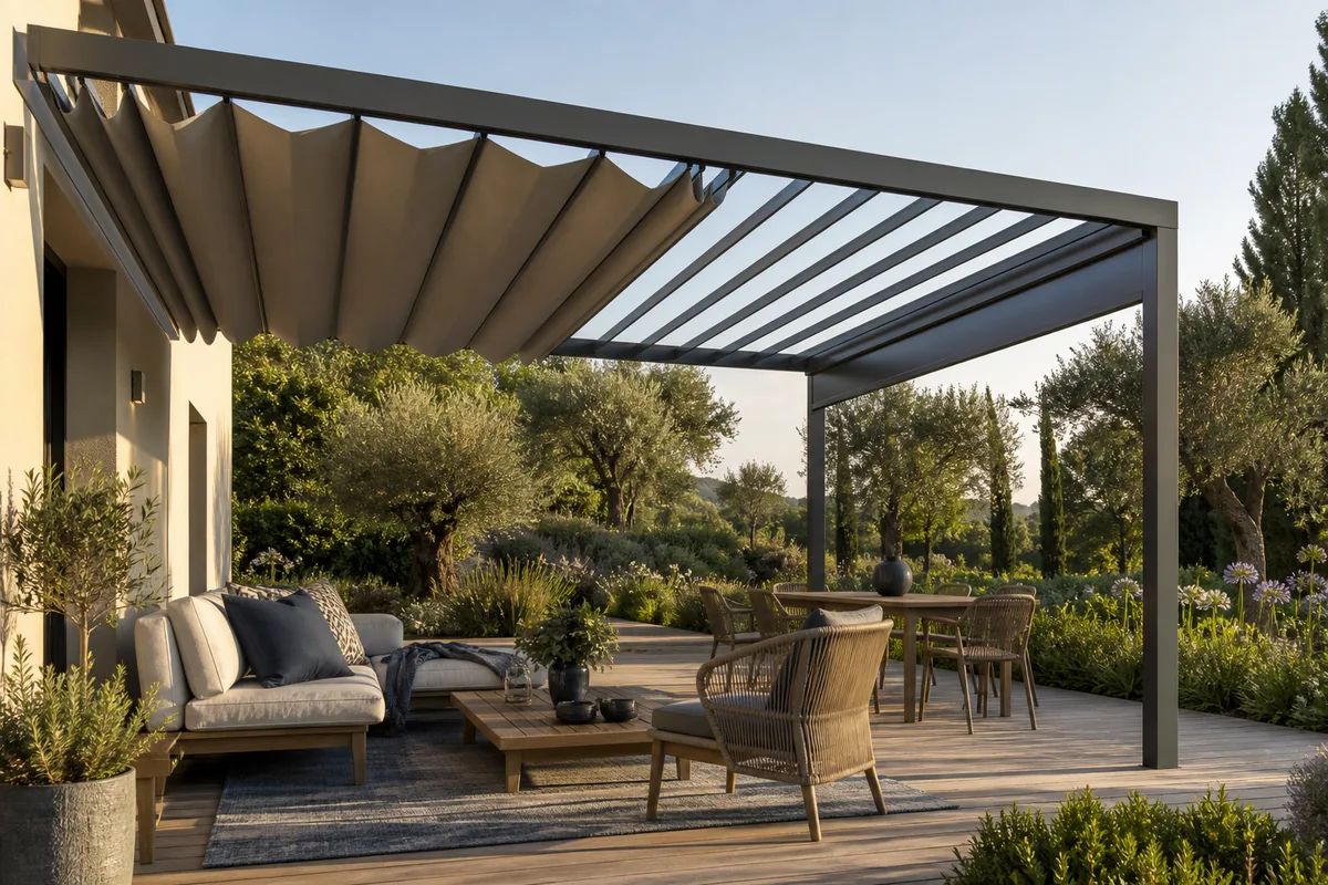 Pergola à toile rétractable partiellement déployée au-dessus d&rsquo;une terrasse en bois