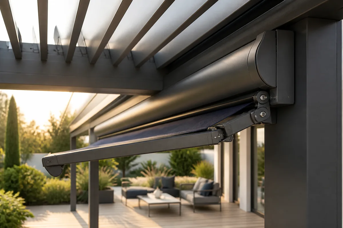 Coffre d&rsquo;enroulement et bras de tension d&rsquo;une toile de pergola en aluminium laqué