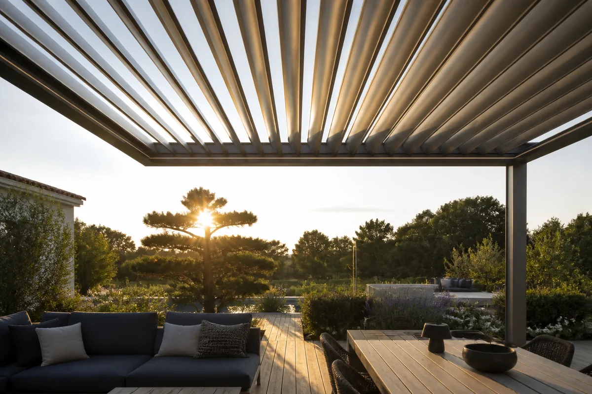 Lames orientables en aluminium d&rsquo;une pergola bioclimatique vues du dessous, en position semi-ouverte
