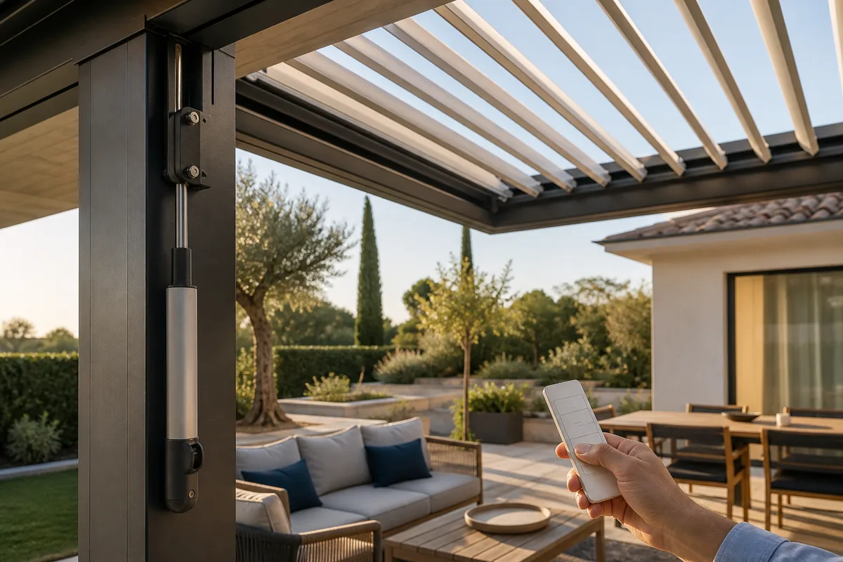 Vérin de motorisation et télécommande d&rsquo;une toiture à lames pivotantes sur une terrasse