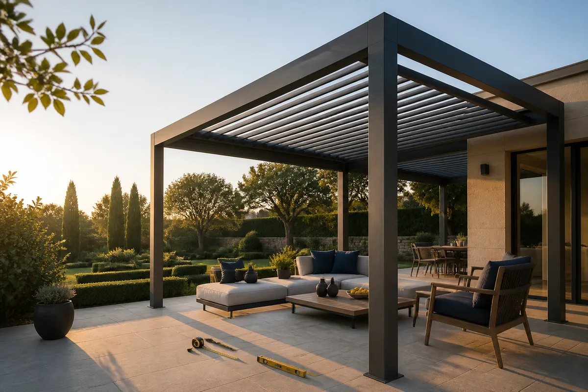 Structure aluminium d&rsquo;une pergola sur mesure en cours de dimensionnement sur une terrasse