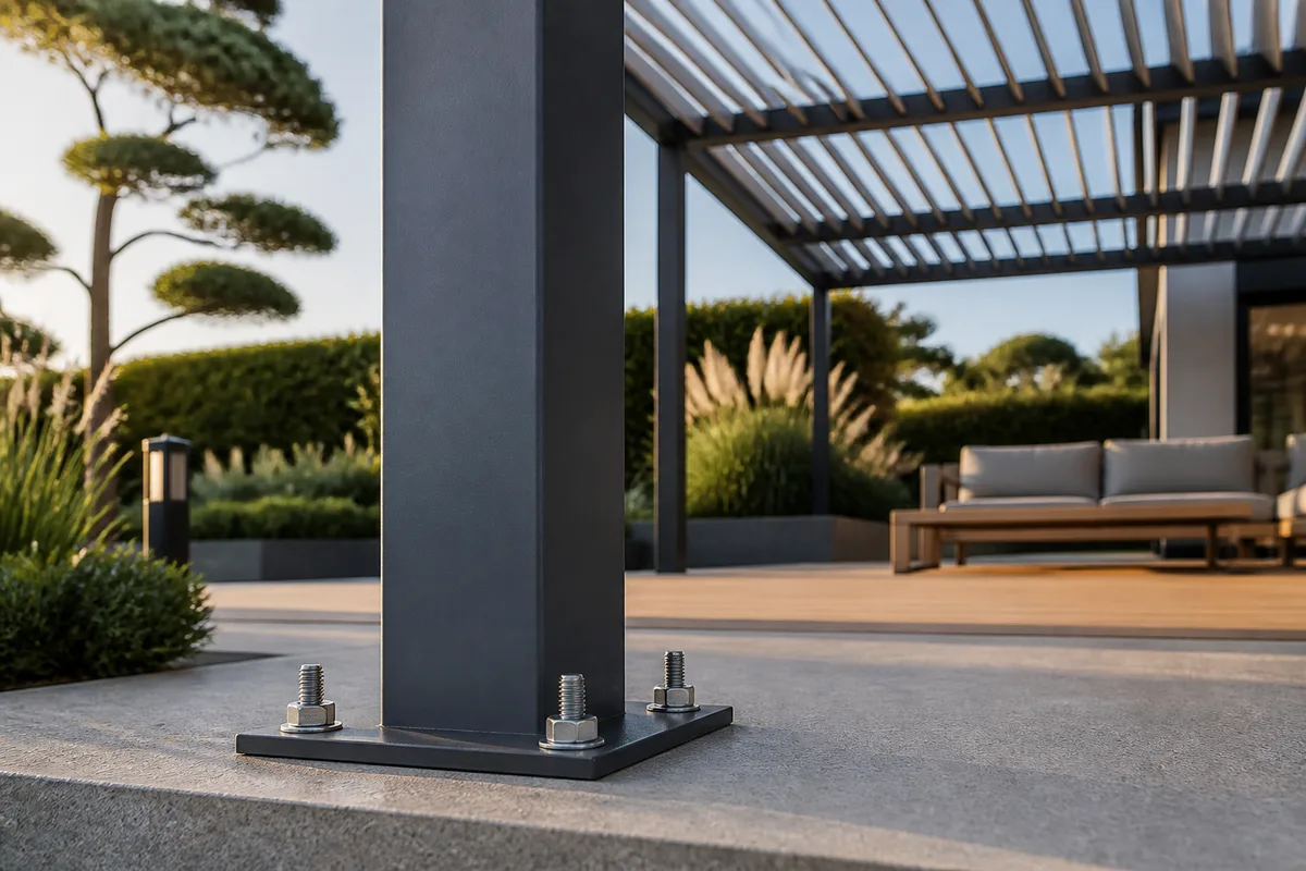 Poteau aluminium et platine d&rsquo;ancrage boulonnée sur une dalle béton de terrasse