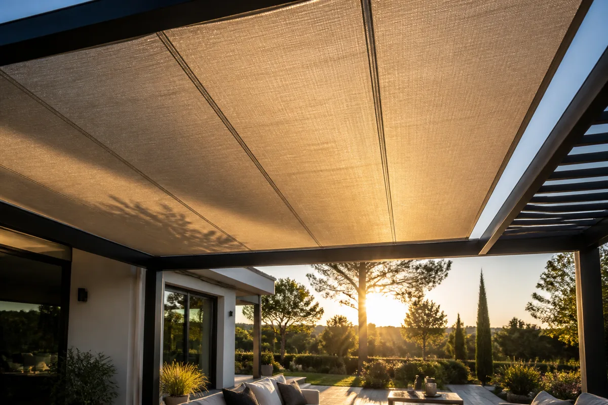 Toile de pergola tendue vue en contre-jour, avec sa trame et ses coutures visibles