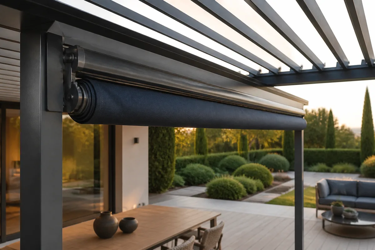 Toile de pergola en cours d&rsquo;enroulement autour de son tube, sur une structure aluminium